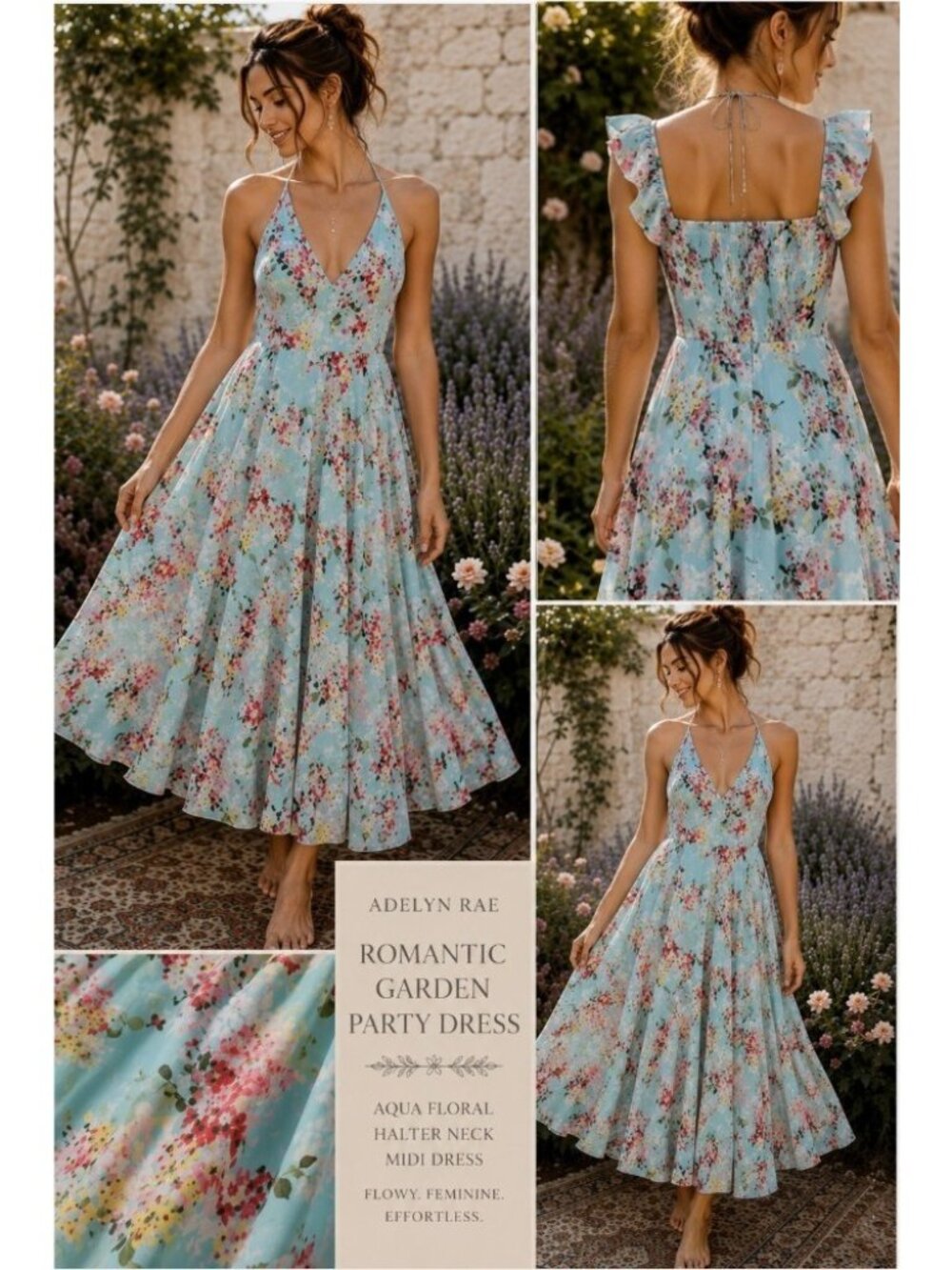 Adelyn Rae Floral Halter Midi Dress Fit Flare Garden Party Romantic Aqua Women L - Picture 2 of 12